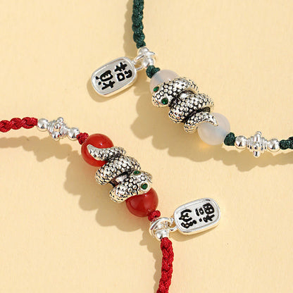 Bracelet porte-bonheur en fil rouge avec pierres de Bouddha et caractère Fu, année du serpent