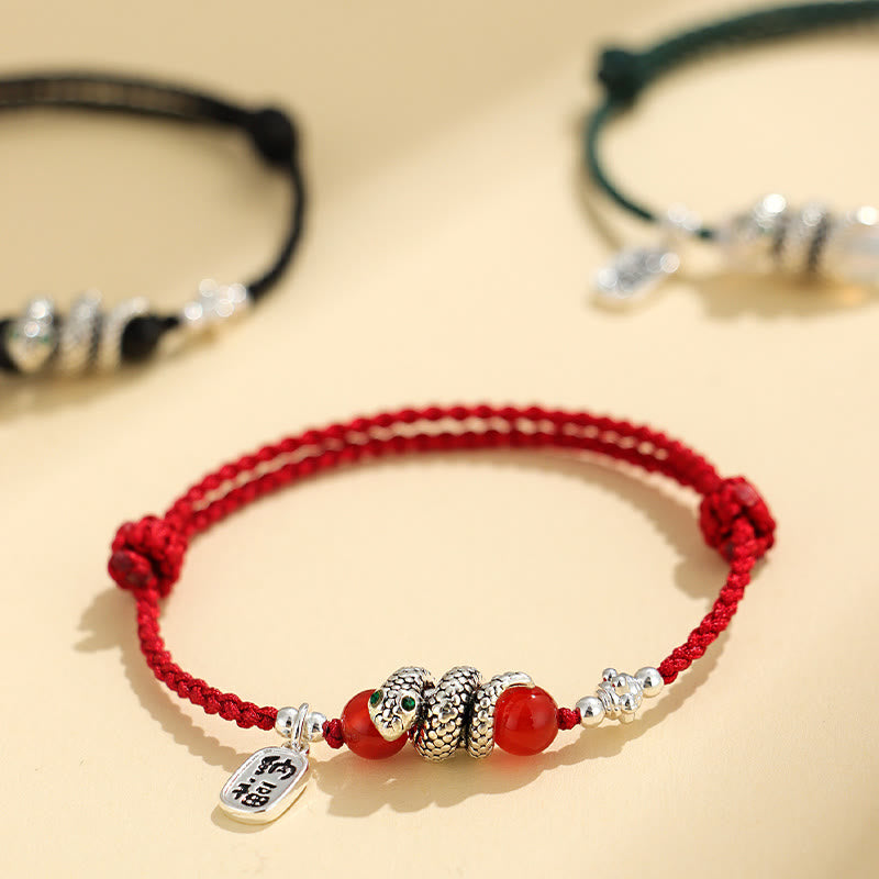 Bracelet porte-bonheur en fil rouge avec pierres de Bouddha et caractère Fu, année du serpent