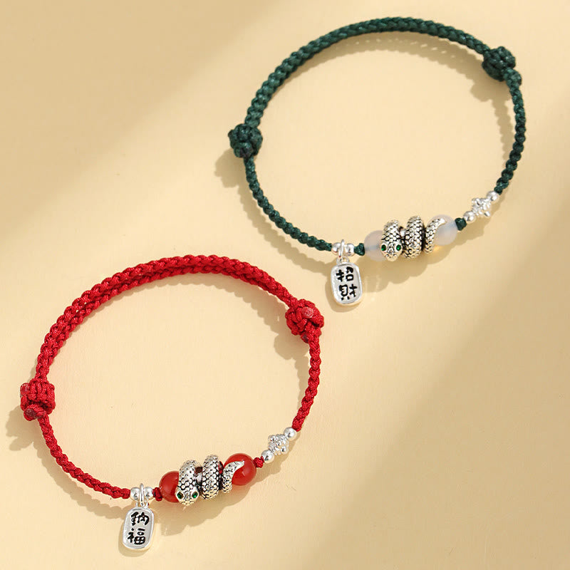 Bracelet porte-bonheur en fil rouge avec pierres de Bouddha et caractère Fu, année du serpent
