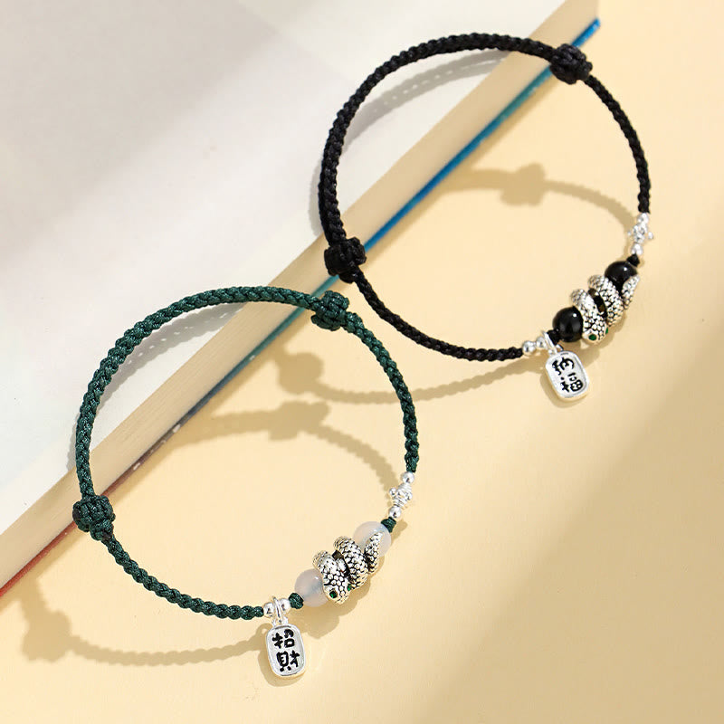Bracelet porte-bonheur en fil rouge avec pierres de Bouddha et caractère Fu, année du serpent
