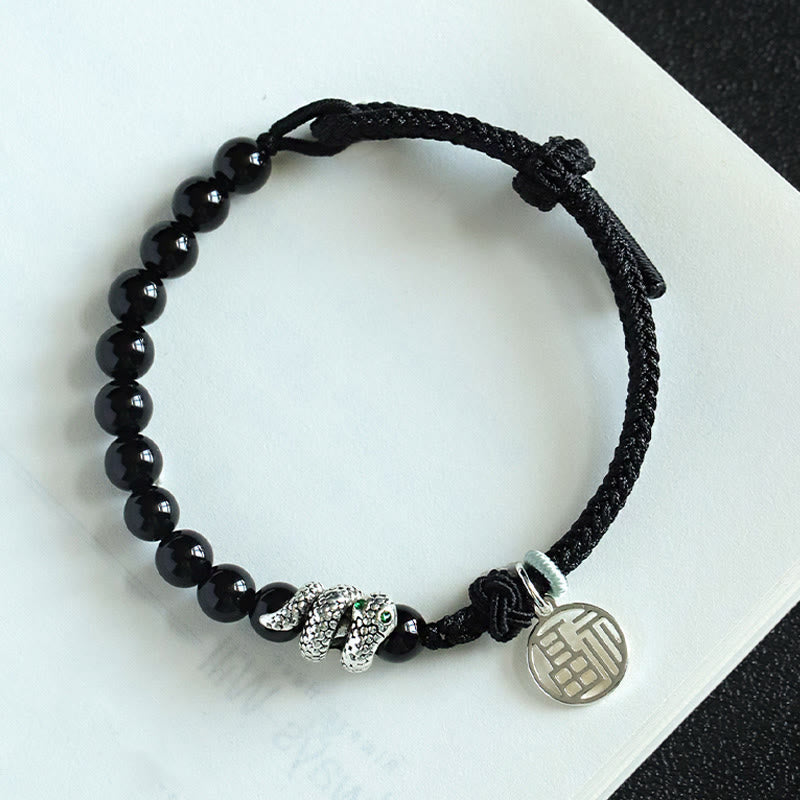 Bracelet porte-bonheur en fil rouge avec pierres de Bouddha et caractère Fu, agate rouge, onyx noir, année du serpent