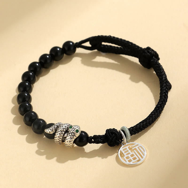 Bracelet porte-bonheur en fil rouge avec pierres de Bouddha et caractère Fu, agate rouge, onyx noir, année du serpent