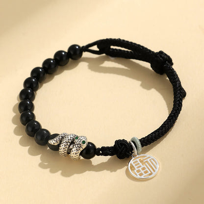 Bracelet porte-bonheur en fil rouge avec pierres de Bouddha et caractère Fu, agate rouge, onyx noir, année du serpent