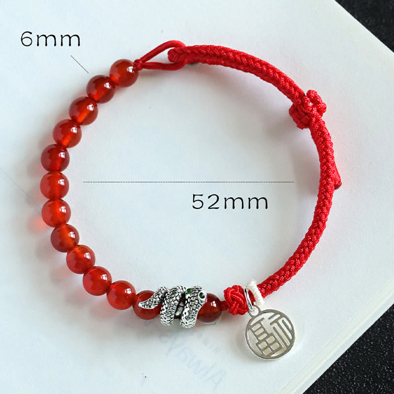 Bracelet porte-bonheur en fil rouge avec pierres de Bouddha et caractère Fu, agate rouge, onyx noir, année du serpent