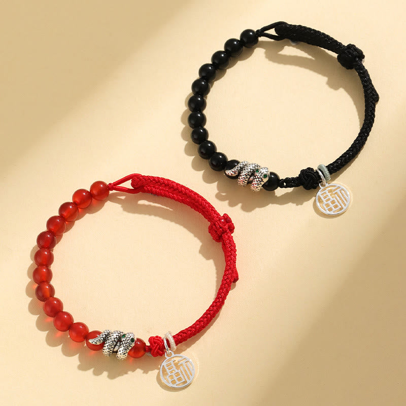 Bracelet porte-bonheur en fil rouge avec pierres de Bouddha et caractère Fu, agate rouge, onyx noir, année du serpent