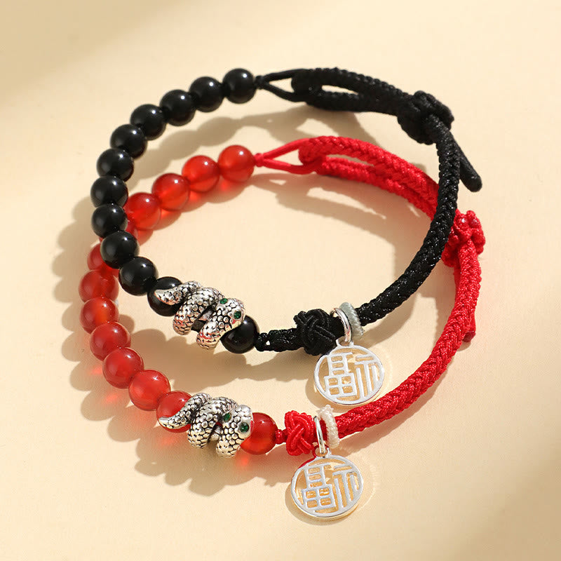 Bracelet porte-bonheur en fil rouge avec pierres de Bouddha et caractère Fu, agate rouge, onyx noir, année du serpent
