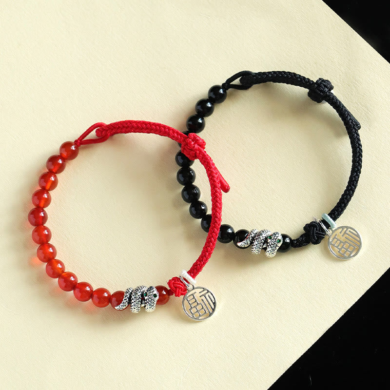 Bracelet porte-bonheur en fil rouge avec pierres de Bouddha et caractère Fu, agate rouge, onyx noir, année du serpent