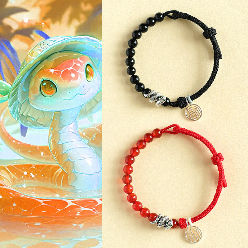 Bracelet porte-bonheur en fil rouge avec pierres de Bouddha et caractère Fu, agate rouge, onyx noir, année du serpent
