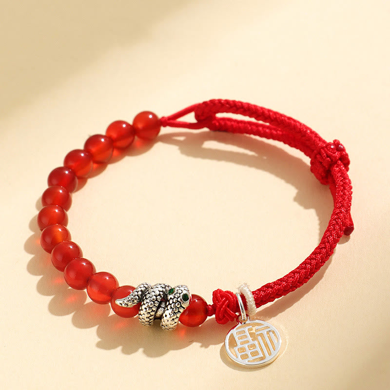 Bracelet porte-bonheur en fil rouge avec pierres de Bouddha et caractère Fu, agate rouge, onyx noir, année du serpent