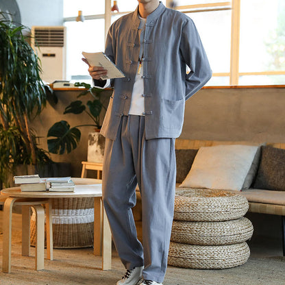 Buddha Stones 2Pcs Zen Tang Suit Men's Frog-Button Long Sleeve Shirt Pants Set With Pockets