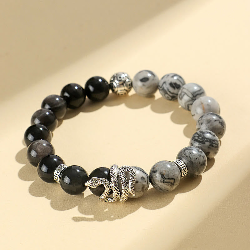 Wealth Protection Natural Silver Sheen Obsidian White Turquoise Grey Jasper Snowflake Obsidian Year Of The Snake Bracelet