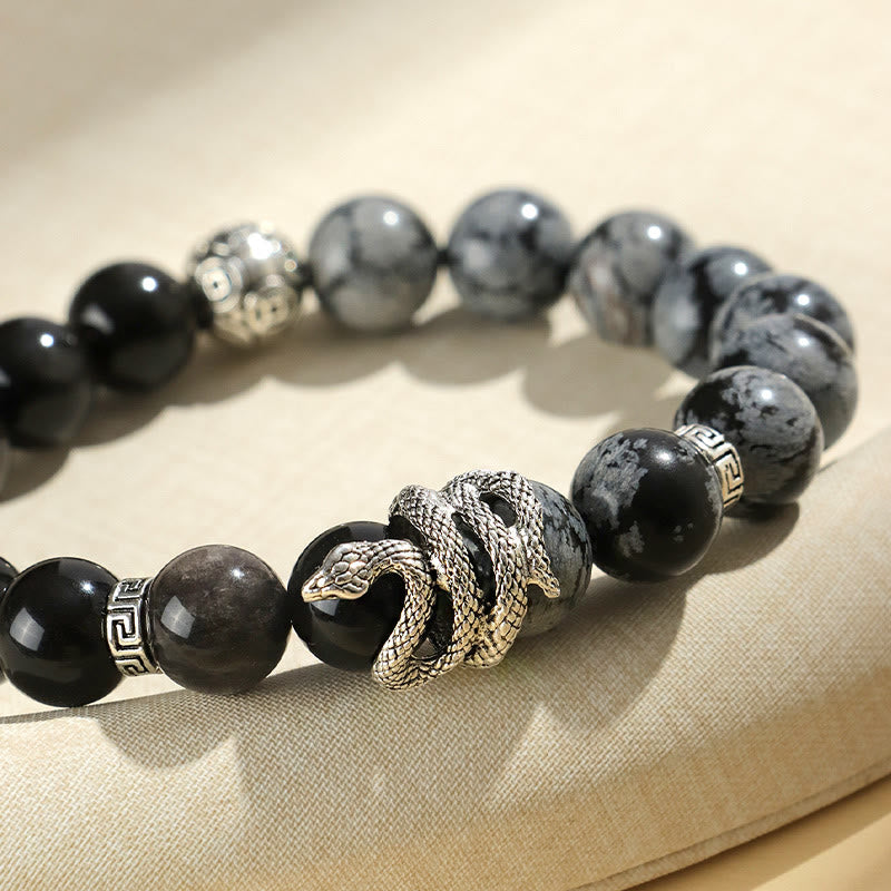 Wealth Protection Natural Silver Sheen Obsidian White Turquoise Grey Jasper Snowflake Obsidian Year Of The Snake Bracelet