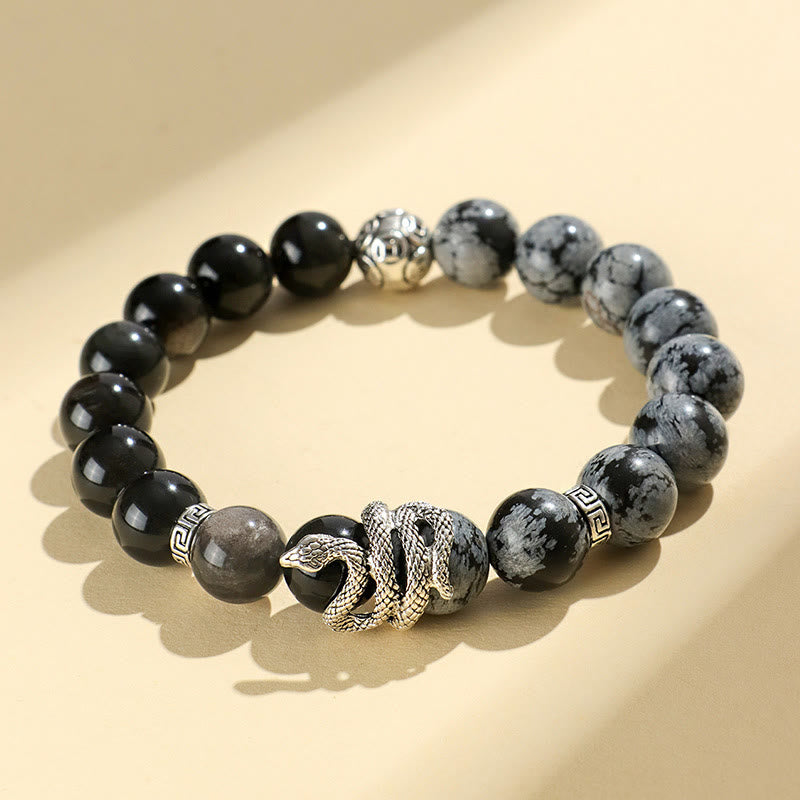 Wealth Protection Natural Silver Sheen Obsidian White Turquoise Grey Jasper Snowflake Obsidian Year Of The Snake Bracelet