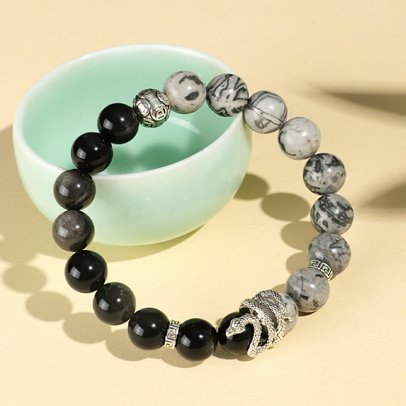 Wealth Protection Natural Silver Sheen Obsidian White Turquoise Grey Jasper Snowflake Obsidian Year Of The Snake Bracelet