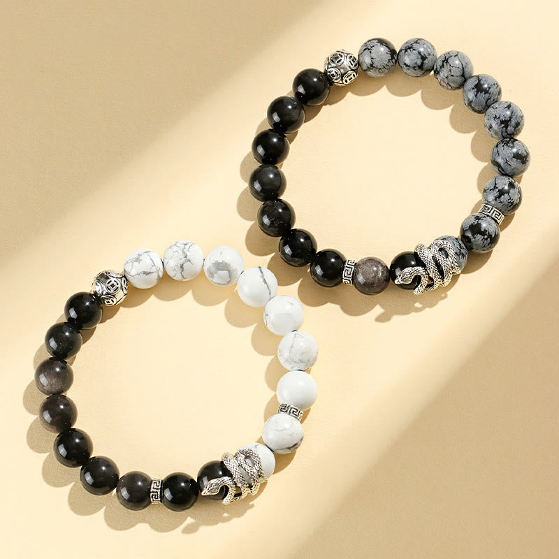 Wealth Protection Natural Silver Sheen Obsidian White Turquoise Grey Jasper Snowflake Obsidian Year Of The Snake Bracelet