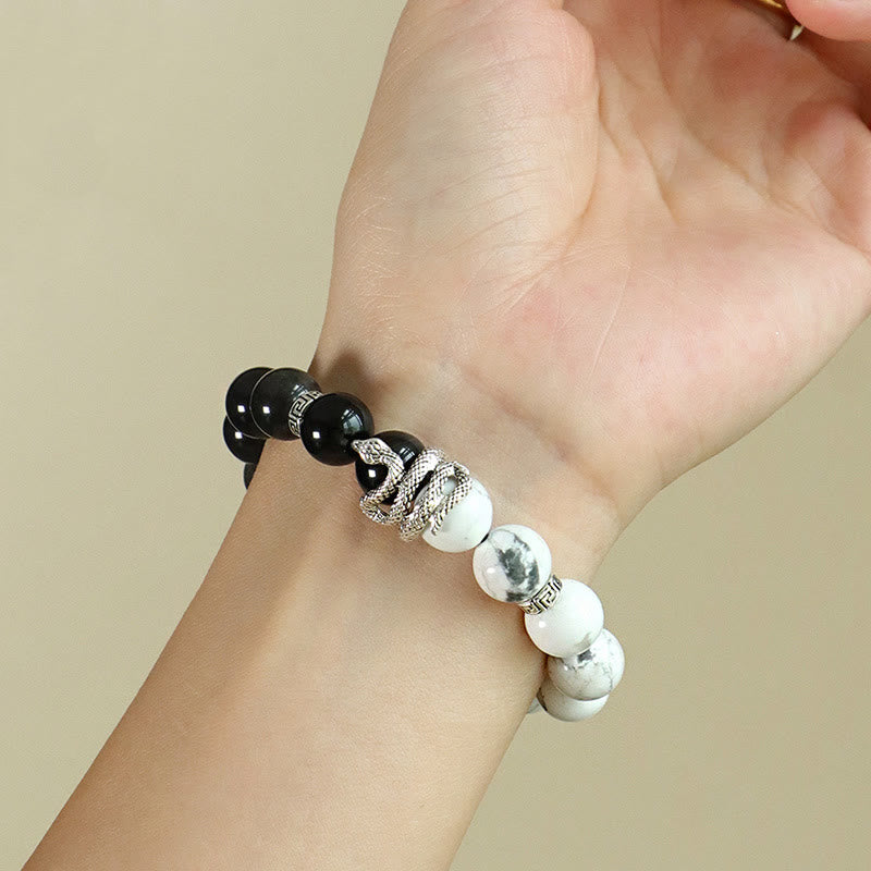 Wealth Protection Natural Silver Sheen Obsidian White Turquoise Grey Jasper Snowflake Obsidian Year Of The Snake Bracelet