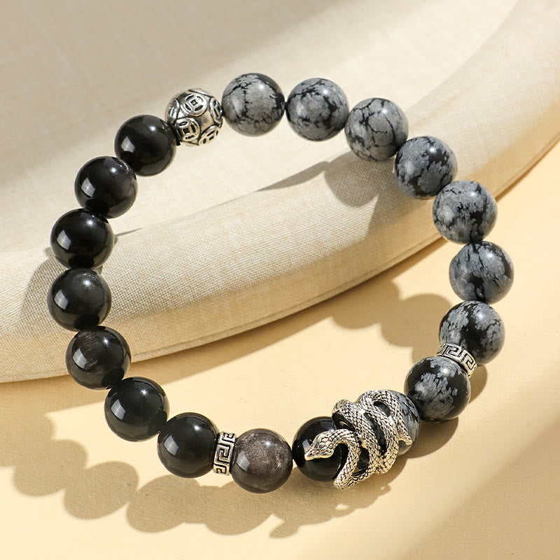 Bracelet de protection en obsidienne flocon de neige, pierres de Bouddha, argent naturel, turquoise blanche, jaspe gris, année du serpent