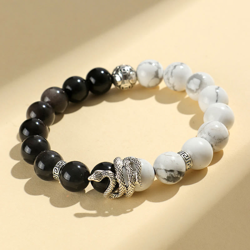 Wealth Protection Natural Silver Sheen Obsidian White Turquoise Grey Jasper Snowflake Obsidian Year Of The Snake Bracelet