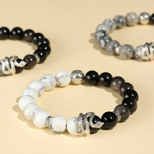 Wealth Protection Natural Silver Sheen Obsidian White Turquoise Grey Jasper Snowflake Obsidian Year Of The Snake Bracelet