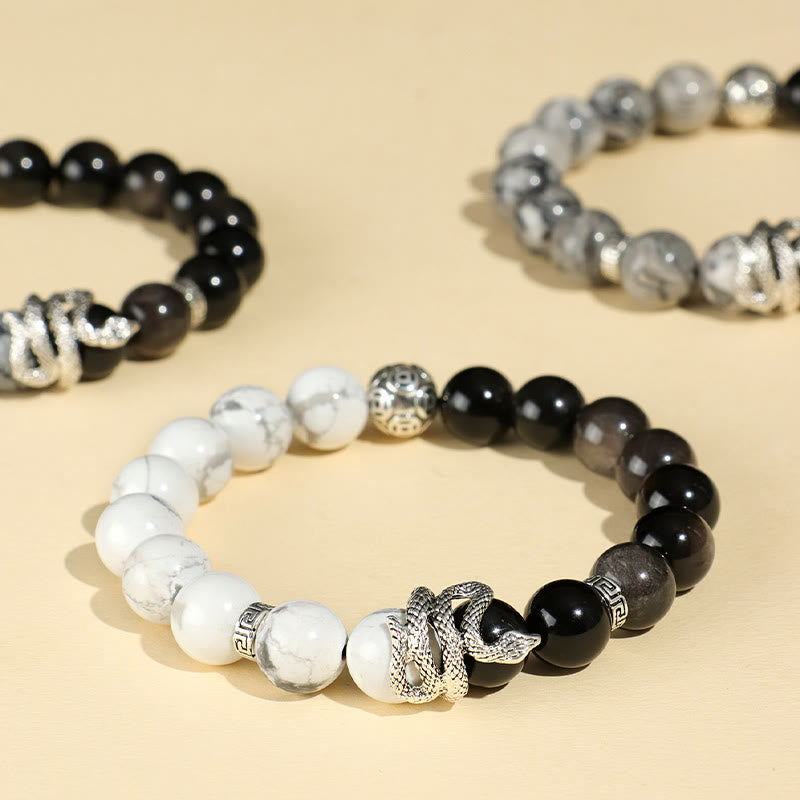 Wealth Protection Natural Silver Sheen Obsidian White Turquoise Grey Jasper Snowflake Obsidian Year Of The Snake Bracelet