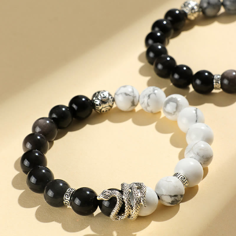 Wealth Protection Natural Silver Sheen Obsidian White Turquoise Grey Jasper Snowflake Obsidian Year Of The Snake Bracelet