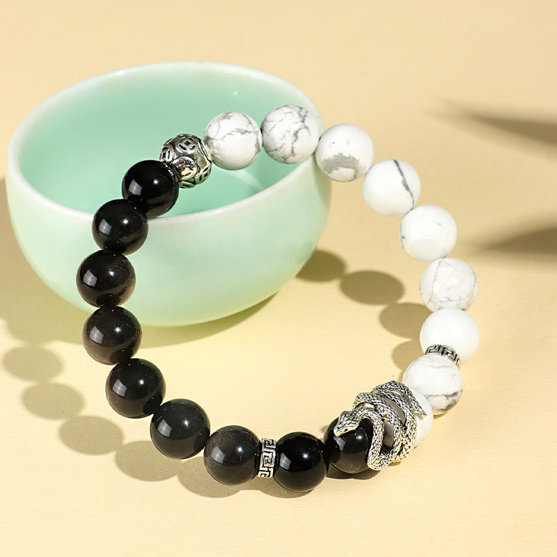 Wealth Protection Natural Silver Sheen Obsidian White Turquoise Grey Jasper Snowflake Obsidian Year Of The Snake Bracelet