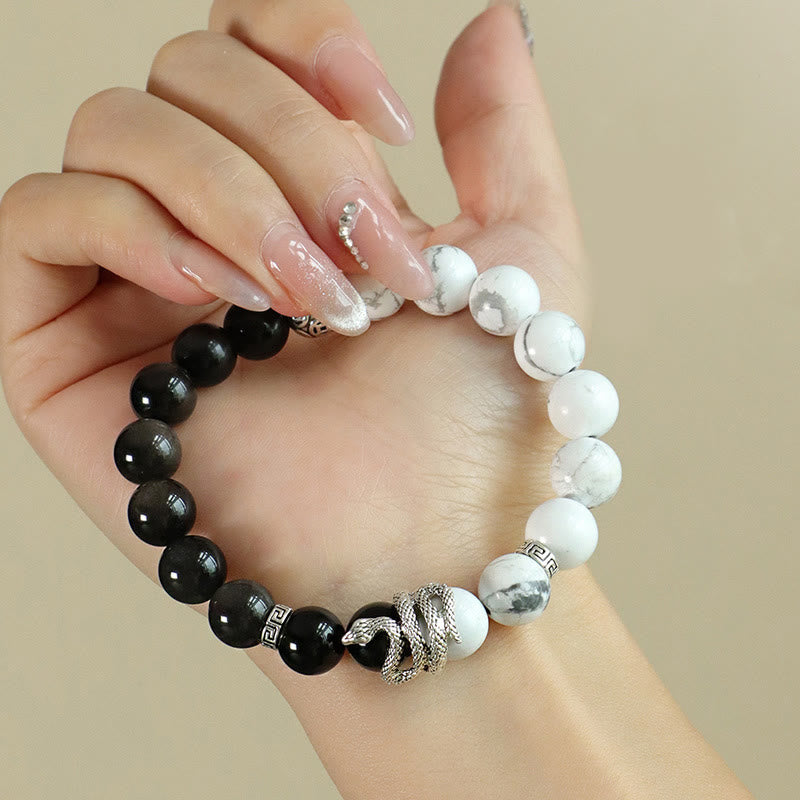 Wealth Protection Natural Silver Sheen Obsidian White Turquoise Grey Jasper Snowflake Obsidian Year Of The Snake Bracelet