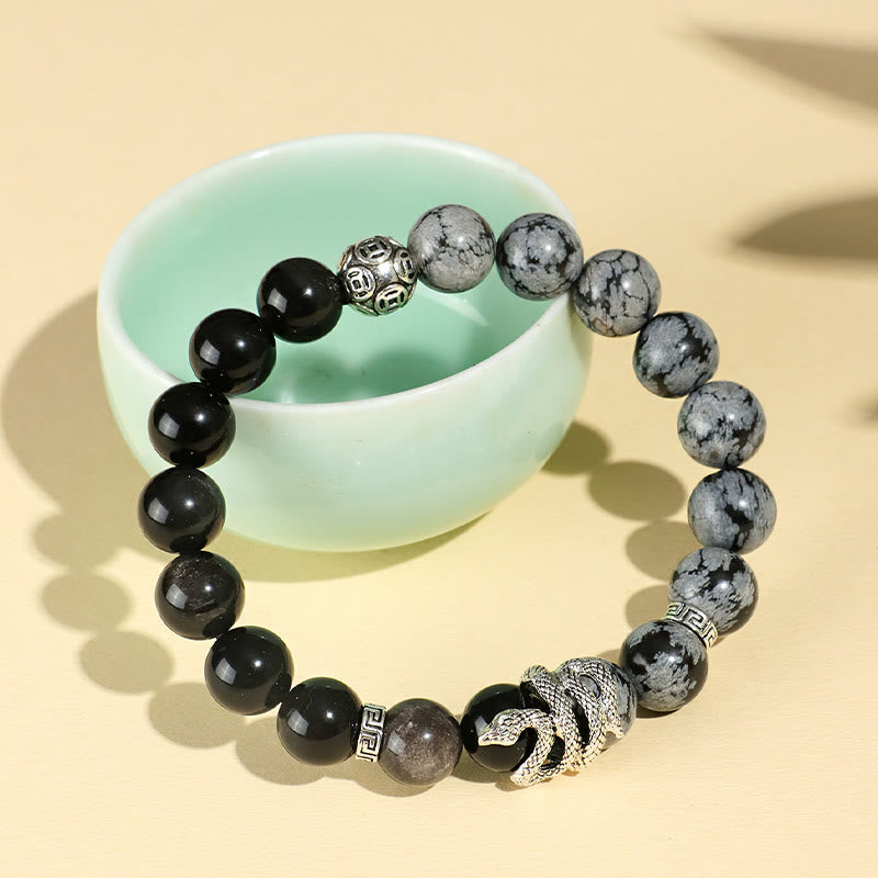 Wealth Protection Natural Silver Sheen Obsidian White Turquoise Grey Jasper Snowflake Obsidian Year Of The Snake Bracelet