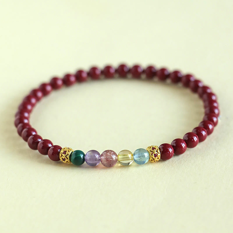 Concentration Blessing Cinnabar Aquamarine Citrine Strawberry Quartz Amethyst Malachite Tiny Round Beads Bracelet