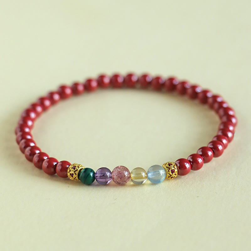 Concentration Blessing Cinnabar Aquamarine Citrine Strawberry Quartz Amethyst Malachite Tiny Round Beads Bracelet