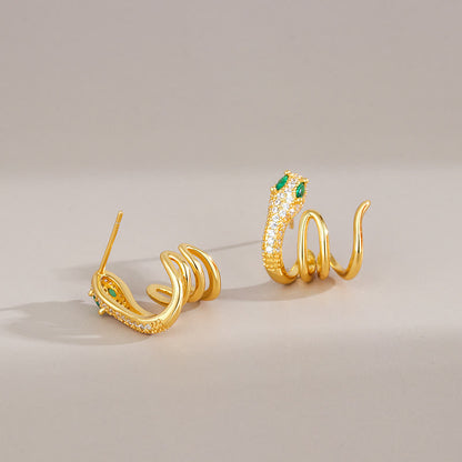 Boucles d'oreilles Bouddha Stones en argent sterling 925 en forme de serpent aux yeux verts, symbole de l'harmonie de l'année du serpent 