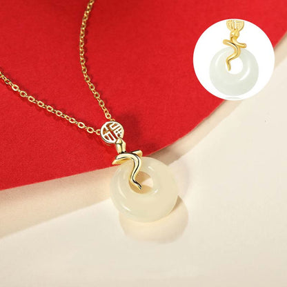 Collier pendentif en argent sterling 925 avec jade Hetian et pierre de Bouddha, boucle de paix, année du serpent, bénédiction du caractère Fu 