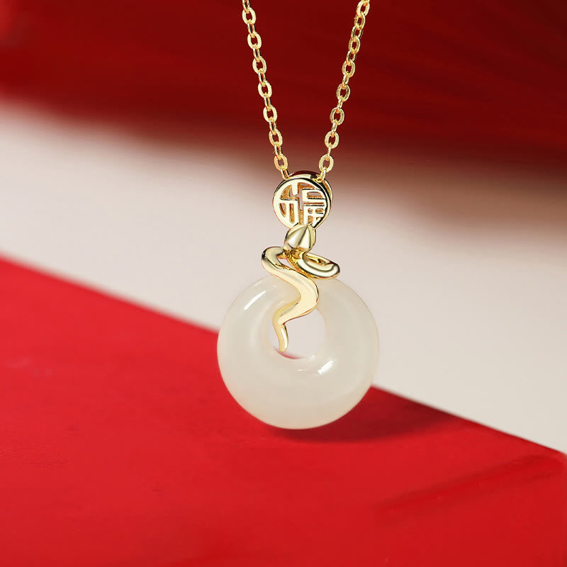 Collier pendentif en argent sterling 925 avec jade Hetian et pierre de Bouddha, boucle de paix, année du serpent, bénédiction du caractère Fu 