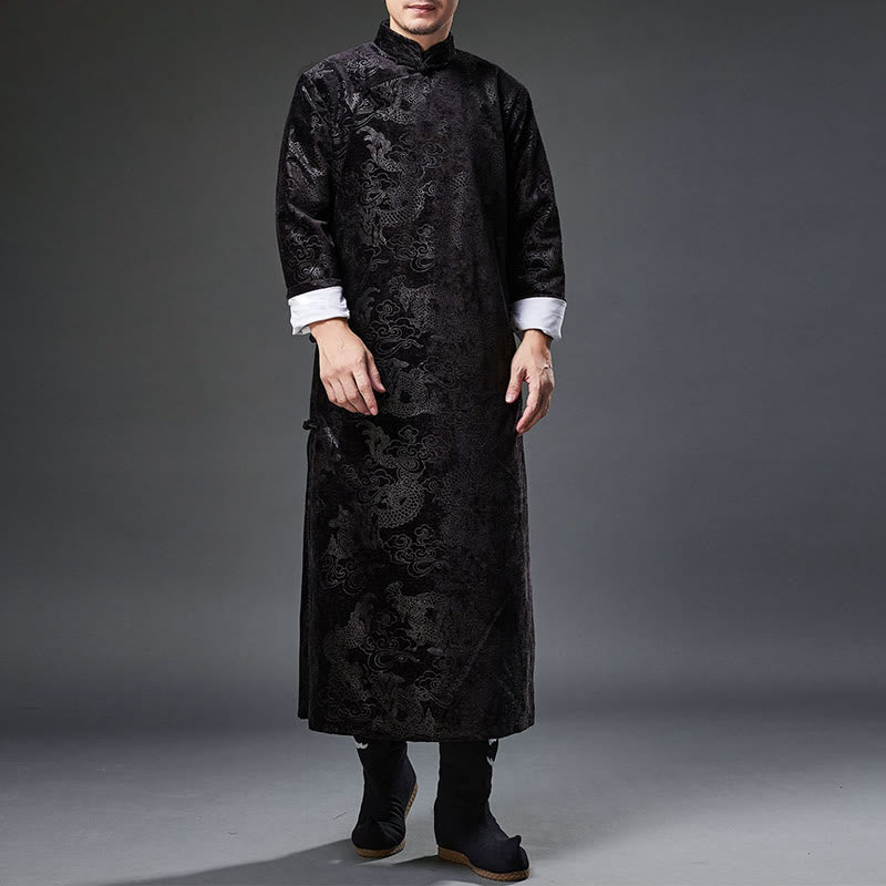 Buddha Stones Vintage Fall Winter Chinese Frog-Button Tang Suit Men's Dragon Jacquard Robe With Pockets