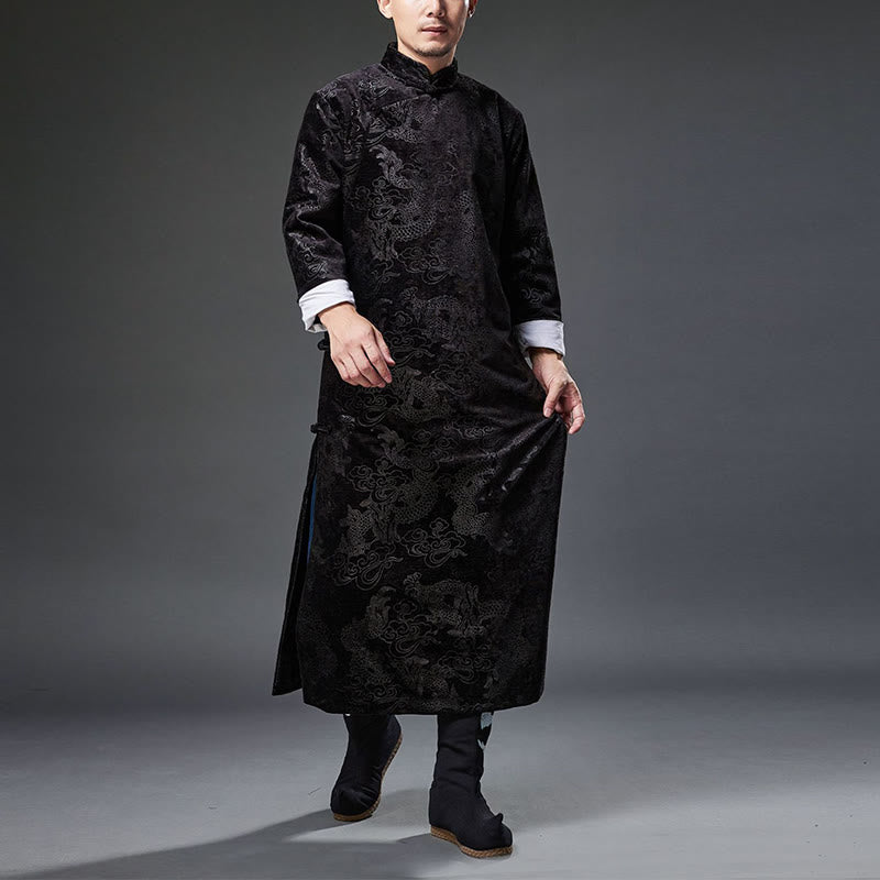 Buddha Stones Vintage Fall Winter Chinese Frog-Button Tang Suit Men's Dragon Jacquard Robe With Pockets