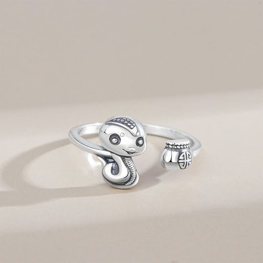 Bague ajustable en argent sterling 925 avec pierres de Bouddha et symbole de l'année du serpent