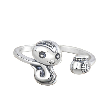 Bague ajustable en argent sterling 925 avec pierres de Bouddha et symbole de l'année du serpent