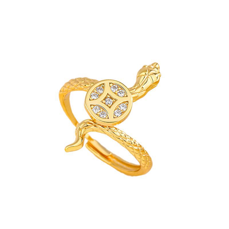 Bague calme en argent sterling 925 avec pièce de cuivre et pierres de Bouddha, année du serpent