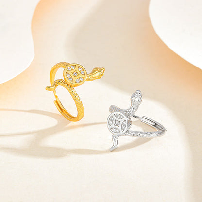 Bague calme en argent sterling 925 avec pièce de cuivre et pierres de Bouddha, année du serpent