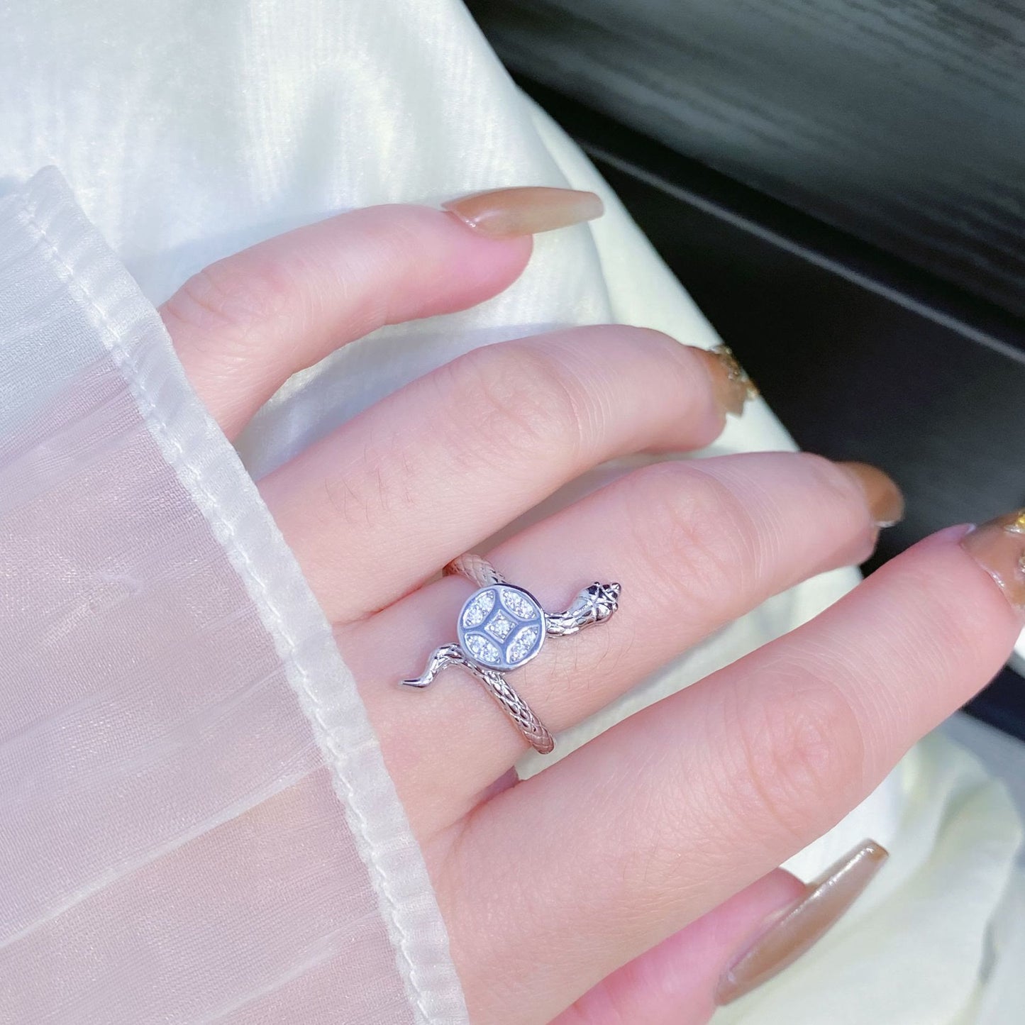 Bague calme en argent sterling 925 avec pièce de cuivre et pierres de Bouddha, année du serpent