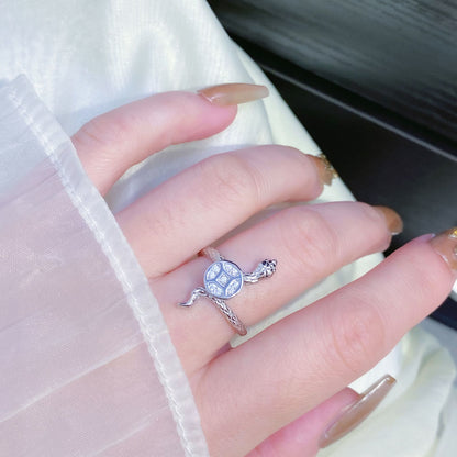 Bague calme en argent sterling 925 avec pièce de cuivre et pierres de Bouddha, année du serpent
