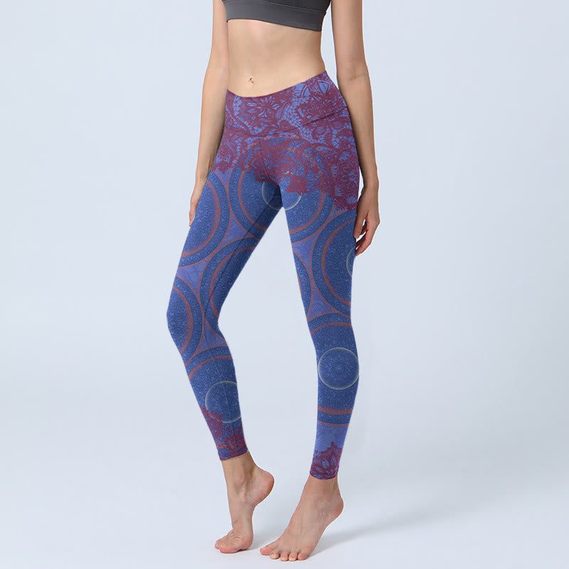 Buddha Stones Purple Compass Mandala Flower Print Gym Fitness Leggings Women's Yoga Pants