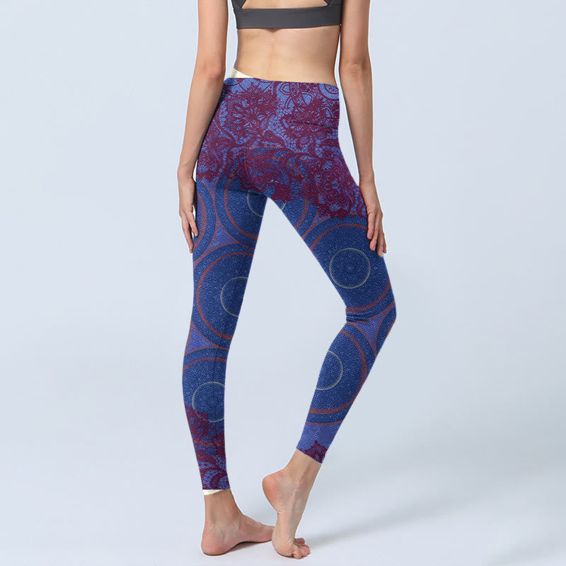 Buddha Stones Purple Compass Mandala Flower Print Gym Fitness Leggings Women's Yoga Pants