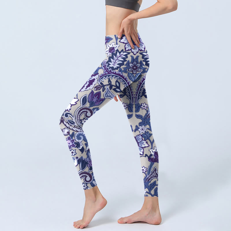 Buddha Stones Purple Flower Leaves Print Gym Fitness Leggings Women's Yoga Pants