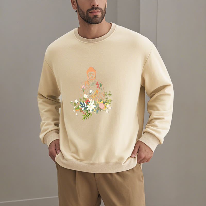 Buddha Stones Meditating Buddha Blooming Flowers Pattern Fleece Lined Sweatshirt