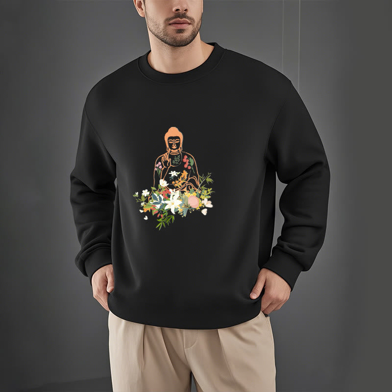 Buddha Stones Meditating Buddha Blooming Flowers Pattern Fleece Lined Sweatshirt