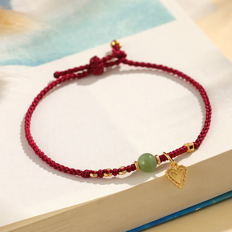 Bracelet porte-bonheur en argent sterling 925 avec perles de jade Hetian et breloque cœur en cuivre 