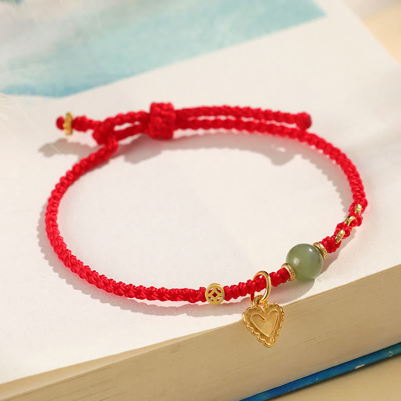 Bracelet porte-bonheur en argent sterling 925 avec perles de jade Hetian et breloque cœur en cuivre 