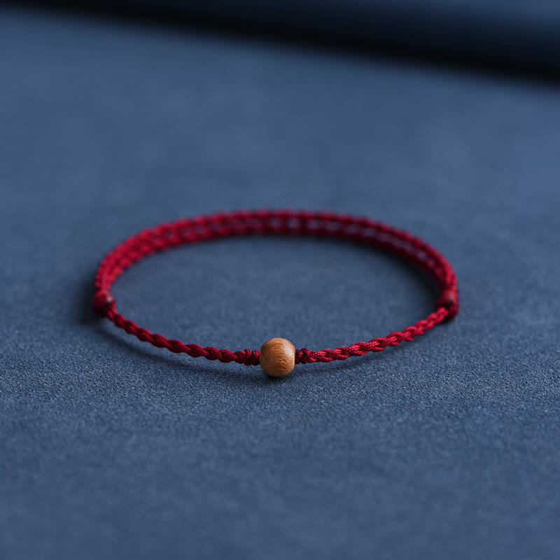 Wealth Luck Natural Peach Wood Bead Braided Bracelet