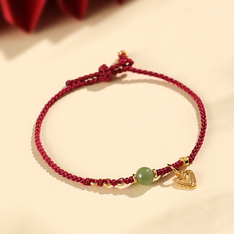 Bracelet porte-bonheur en argent sterling 925 avec perles de jade Hetian et breloque cœur en cuivre 